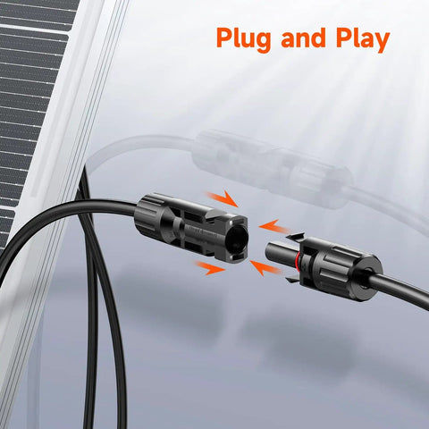 Y Branch MC4 Parallel Connector Kit For Solar Panels, 1M2F And 2M1F Pairs, Rivet Lock Plugs shown in plug and play setup