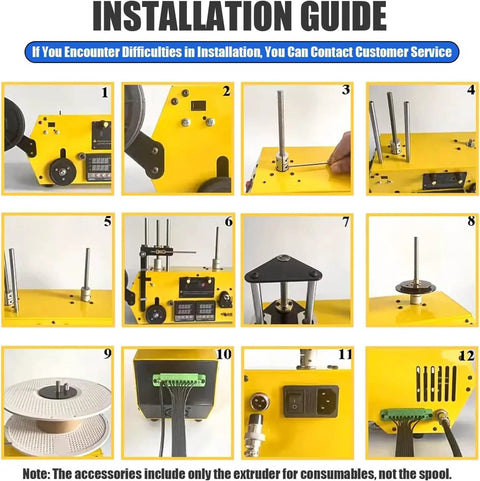 Installation guide images for Kickass 3D Printer Filament Recycler With Auto Spool Winder, showcasing steps and parts.