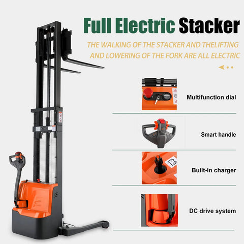 Top Shelf 98 Inch Max Lifting Height Full Electric Walkie Stacker With Straddle Legs And Adjustable Forks features multifunction dial and smart handle.
