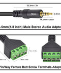 Heavy Duty 3.5mm Speaker Wire Adapter With TRRS Male Plug To Av Four Pin Screw Terminal Block Balun Cable For Rock Solid Stereo Sound And Hella Easy Premium Installation showing detailed dimensions.