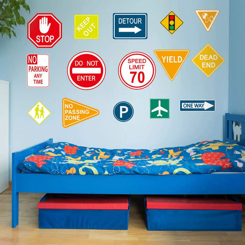 15 Piece Road Sign Wall Decals Set Traffic Street Sign Stickers Vinyl Wall Decor For Classroom Bulletin Board Kid Bedroom