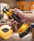 Cordless Drywall Cut-Out Tool Built For Pros With Brushless Rotary Saw, 28000 RPM, 3-Speed Depth Adjustable, LED Light, Compact Spiral Tool For Sheetrock And Wood Cutting, Compatible With 20V Batteries (Battery Not Included), shown in hand with lock-on switch