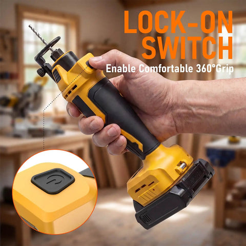 Cordless Drywall Cut-Out Tool Built For Pros With Brushless Rotary Saw, 28000 RPM, 3-Speed Depth Adjustable, LED Light, Compact Spiral Tool For Sheetrock And Wood Cutting, Compatible With 20V Batteries (Battery Not Included), shown in hand with lock-on switch