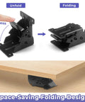 Hefty Duty Folding Brackets Kit Featuring Auto Self Locking Hinges And Forty Screws In Every Four Pack for easy folding setup.