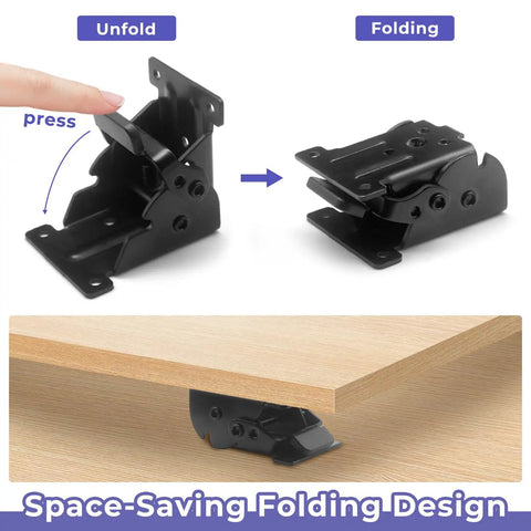 Hefty Duty Folding Brackets Kit Featuring Auto Self Locking Hinges And Forty Screws In Every Four Pack for easy folding setup.