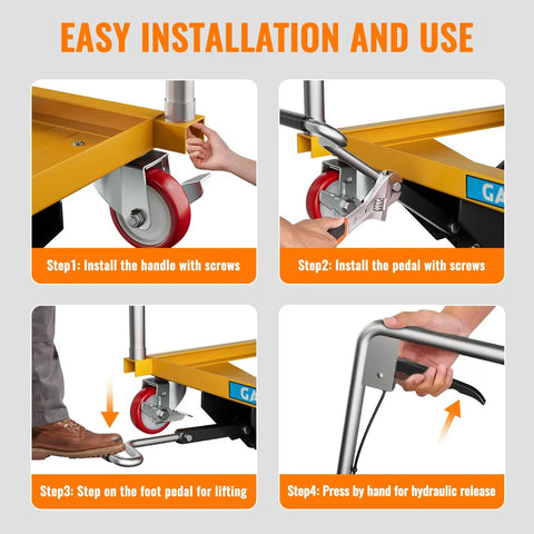 Installation steps for Heavy Duty Hydraulic Lift Table Cart 330 Lbs Dual Scissor Hoist with smooth rolling casters.