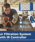 Heavy Duty Shop Air Filtration System Pulling 1350 CFM With A Killer 360 Degree Vortex Fan And Smart Timer Plus Remote Control For Woodworking Garage Dust Collection Rig in a workshop setting with user operating power tool.
