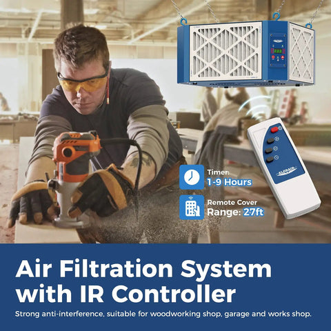 Heavy Duty Shop Air Filtration System Pulling 1350 CFM With A Killer 360 Degree Vortex Fan And Smart Timer Plus Remote Control For Woodworking Garage Dust Collection Rig in a workshop setting with user operating power tool.