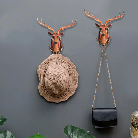 Vintage Deer Head Resin Wall Hook Hangs Heavy Coats Keys Totes And Towels Super Slick Home Decor Organizer with hat and bag.