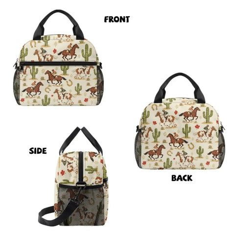 Desert Horse Insulated Kids Lunch Box with Easy-Clean Lining, front, side, and back views, featuring adjustable strap and horse design.