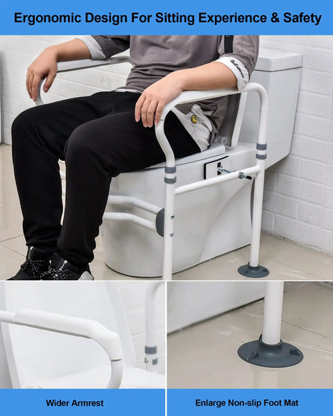 Person using Toilet Safety Rails With Adjustable Handles And Grab Bars For Elderly And Handicap, 300 Lbs Capacity, anti-slip base