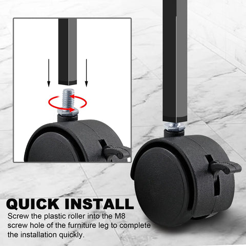 Close-up of 4Pcs 1 Inch Plastic Caster Wheels With Swivel M8 X 13mm Stem, Black Nylon, 30mm wheel, showing installation process