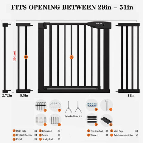 Auto Close Baby And Dog Gate For Stairs And Doorways No Drilling Pressure Mounted Black 51 Inch Safety Gate components