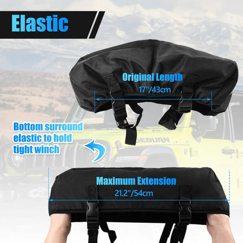 Heavy Duty Winch Cover For 2500 To 5500 Lbs Electric Winches Tough As Nails Waterproof Dustproof Outdoor Shield UV Resistant Black 17 Inch Wide Trailer Winch Cover For All Weather Protection, elastic fit shown