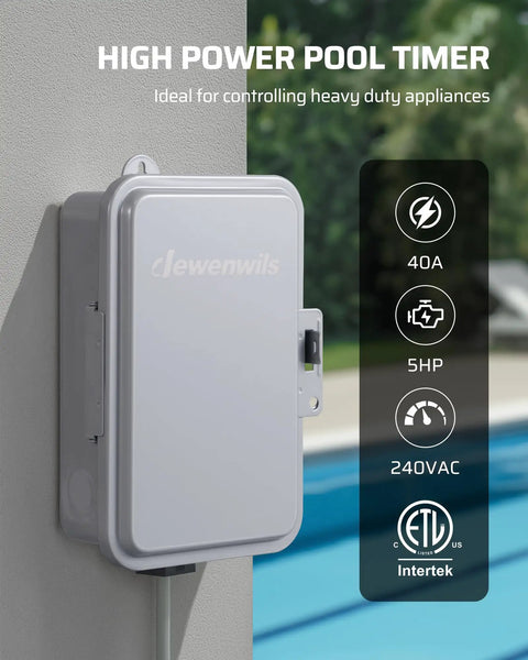 Rock Solid 24 Hour Mechanical Timer Switch Featuring No Sweat Dial Setup For 208 To 277VAC Systems Delivers Dependable 5HP 40A Output For Tough Daily Operation Tasks mounted near a pool.