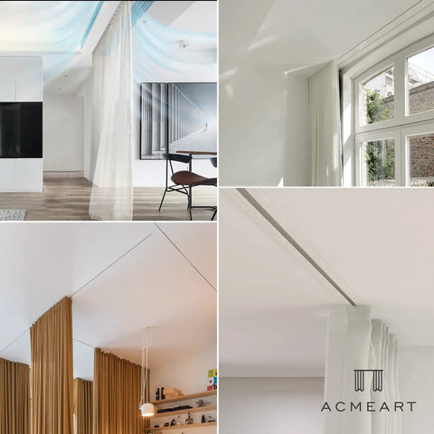 Hidden Ceiling Curtain Track System With Silent Rollers Custom Size White Ceiling Mounted Curtain Rod For Living Room Bedroom Shower Room Room Divider Use No Fuss Install Kit Included in white ceiling-mounted interior