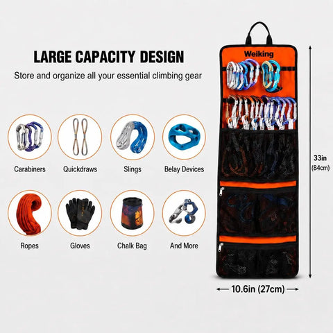Rock Climbing Gear Storage Bag For Quickdraws And Small Parts Carabiner Hook Organizer displays various climbing items