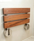 Premium Burmese Teak Folding Shower Seat Bench Wall Mounted With Brushed Finish, Solid Teak Wood With Stainless Steel Bars