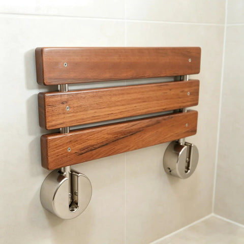 Premium Burmese Teak Folding Shower Seat Bench Wall Mounted With Brushed Finish, Solid Teak Wood With Stainless Steel Bars