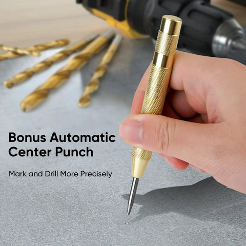Hand holding automatic center punch for Titanium Coated Drill Bit Set, 99-Piece HSS Kit With 135 Degree Tips And A Heavy Duty Storage Case