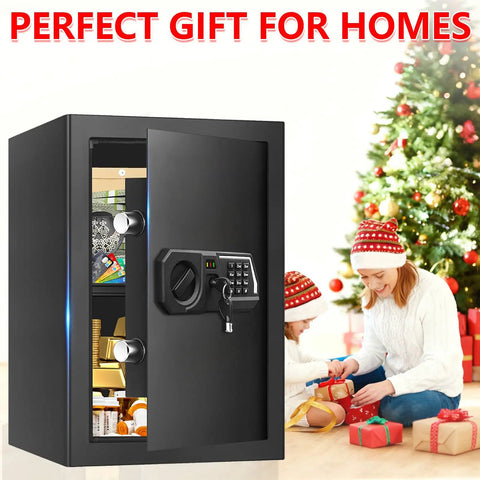 Massive Home Safe Box For Cash And Valuables With Digital Keypad, Fireproof And Waterproof Design, shown near holiday gifts