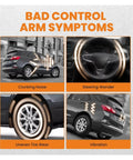 Graphic showing bad control arm symptoms: clunking noise, steering wander, uneven tire wear, and vibration on a vehicle.