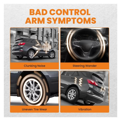 Graphic showing bad control arm symptoms: clunking noise, steering wander, uneven tire wear, and vibration on a vehicle.