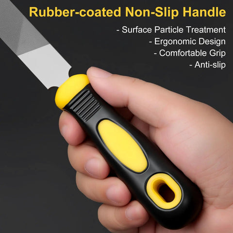 Hand gripping 8 Inch Flat Metal File With 12 Inch Total Length, Anti Slip Ergonomic Handle, emphasis on rubber-coated non-slip design