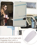 Must-Have White Stainless Steel And Abs Baggage Door Catch Clip For Rv Trailer Camper in use on an RV door.