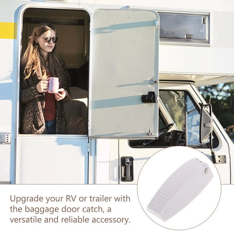Must-Have White Stainless Steel And Abs Baggage Door Catch Clip For Rv Trailer Camper in use on an RV door.
