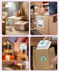 Collage of shipping and packaging scenes, showing gift wrapping, package sealing, essential oils display, and eco-friendly packaging with labels.