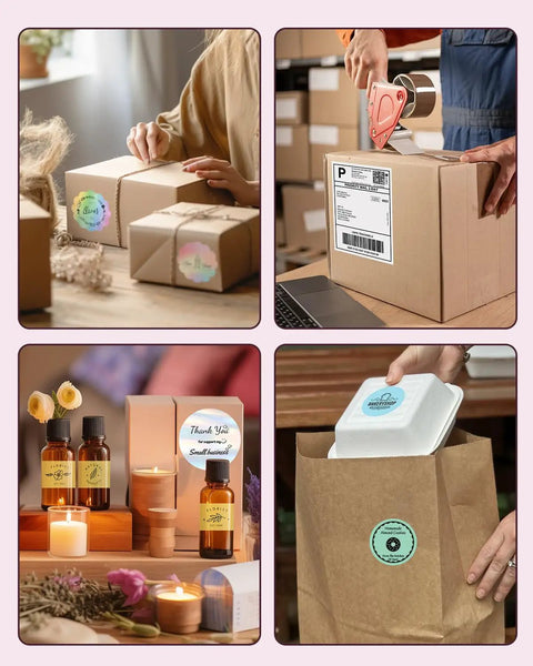 Collage of shipping and packaging scenes, showing gift wrapping, package sealing, essential oils display, and eco-friendly packaging with labels.