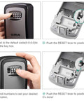 4 Digit Combination Key Lock Box Wall Mount With Resettable Code And 5 Key Capacity showing setup instructions
