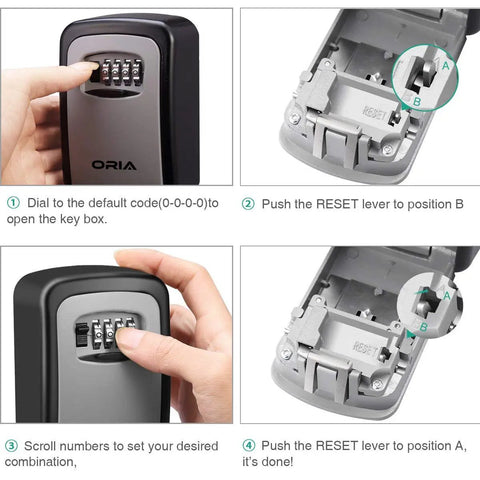 4 Digit Combination Key Lock Box Wall Mount With Resettable Code And 5 Key Capacity showing setup instructions