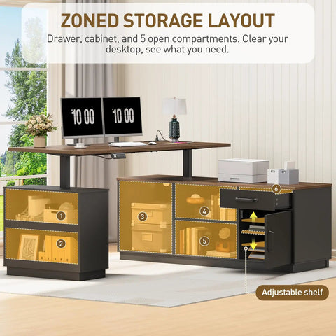 Legit Top Tier Electric L Shaped Standing Desk With One Touch Height Adjustable Sit Stand Workstation And Built In Storage Drawer Dual Motor Office Table For Home Sweet Setup featuring zoned storage layout with drawer and compartments.