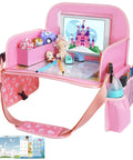 Kids Travel Tray for Car Seat with Ipad Holder and Dry Erase Board Toddler Lap Desk for Road Trips Portable Car Tray with Snack Surface and Activity Tabs Pink showing pink tray with built-in ipad holder, various colorful activity items, and side pockets
