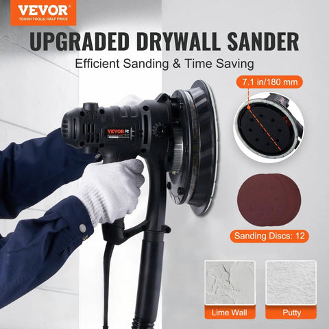 Heavy Duty Electric Drywall Sander With Variable Speed Motor And Hassle Free Vacuum Dust Cleanup For Cleaner Job Sites Plus Dual Bright Led Lamps And Full Sanding Pad Kit For Smooth Finish On Every Home Improvement Project in use against a wall.