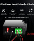 Industrial 5 Port Gigabit Ethernet Switch with 3-way power input design, rugged metal housing, and DIN rail mount.