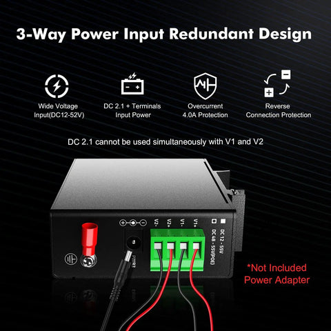 Industrial 5 Port Gigabit Ethernet Switch with 3-way power input design, rugged metal housing, and DIN rail mount.