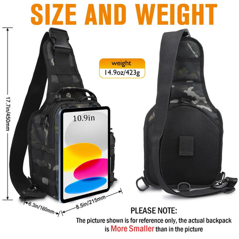 Front and back view of Go Light Fly Fishing Sling Pack That Keeps Gear Dry Waterproof Tackle Bag with 10.9in tablet slot.