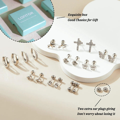 Hypoallergenic Surgical Steel Flat Back Earrings Set For Women And Girls 10 Pairs Of Cute Studs Huggie Hoops And CZ Hoop Staples With Balls Hearts Stars And Flowers Comfy All Day Jewelry Collection, silver set in gift box