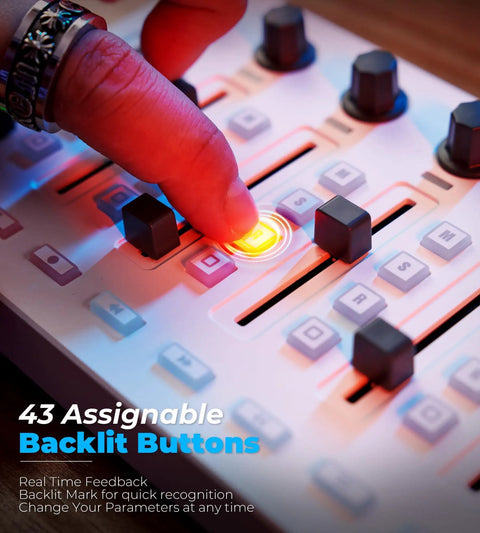Close-up of a finger pressing a backlit button on a Wireless MIDI Controller Mixer with 43 Backlit Buttons and USB MIDI Keyboard.