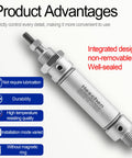 Slim Pneumatic Air Cylinder MAL 16 30 With M5 Port, showing integrated design and features like durability and no lubrication needed.