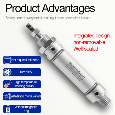 Slim Pneumatic Air Cylinder MAL 16 30 With M5 Port, showing integrated design and features like durability and no lubrication needed.