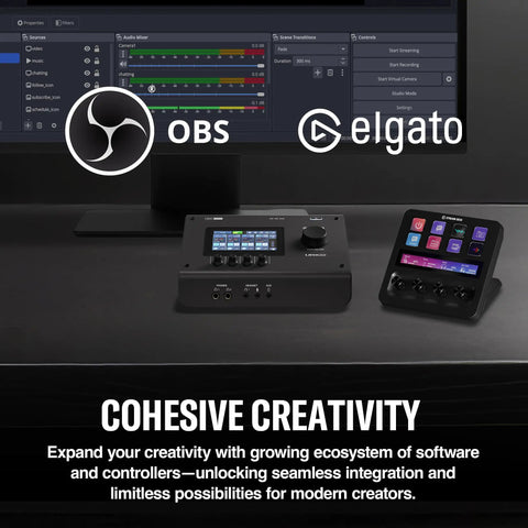 USB-C Audio Interface With 4 In 2 Out, 32-Bit 192 kHz Support shown with OBS and Elgato software on screen.
