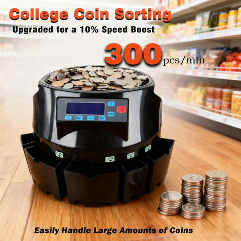 Pro Coin Counter And Sorter Machine For Home Or Biz, Fast 300 Coins Per Minute, displayed in a store with coin stacks