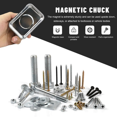 Heavy Duty Magnetic Tray Set For Tools And Fasteners, Stainless Steel Magnetic Trays Keep Screws Bolts Nuts Washers Pins From Spilling, 3.6 By 2.5 Inch Durable Automotive Shop Organizer For Keeping Parts Neat shown holding screws and bolts