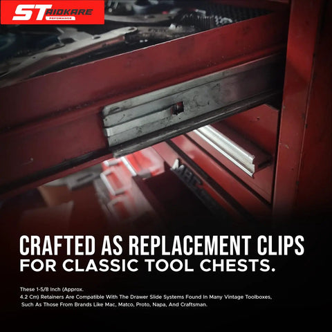 Durable Vintage Toolbox Drawer Retainer Clips For One And Five Eighths Inch Double End Loop Style Replacement Keeper Clips For Old School Tool Chests And Drawers 12 Pack shown on a red tool chest