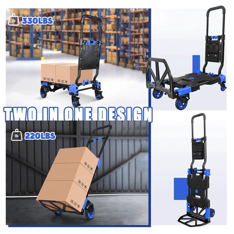 2 In 1 Folding Hand Truck With Four Foldable Wheels And Retractable Handle Heavy Duty Moving Dolly Cart For On The Go Hauling