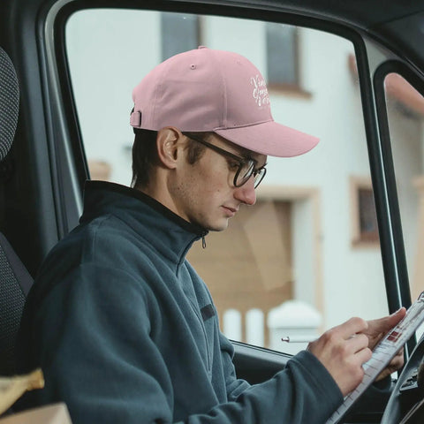 Man wearing Omnia Vincit Pink Breathable Hat For Women With Adjustable Buckle Everyday Wear Cap inside vehicle
